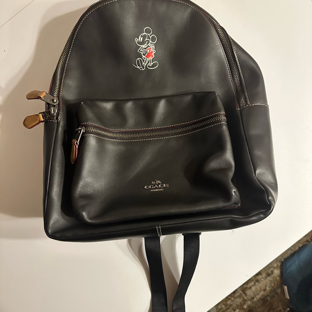 Coach Black Leather Backpack with Mickey Mouse Accent